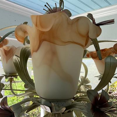 P596 Vintage Metal Floral Chandelier With Glass Shades