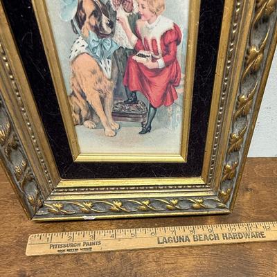 Framed Art: Victorian Style Image of Children Dressing a Dog