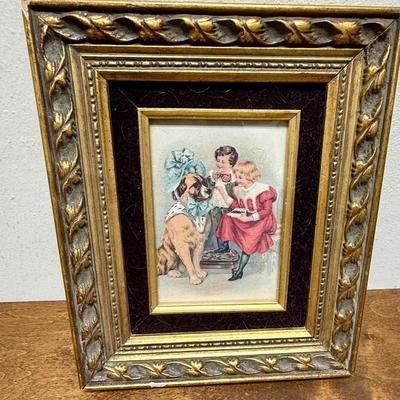 Framed Art: Victorian Style Image of Children Dressing a Dog