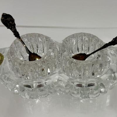 Bohemia Glass made in Czechoslovakia Open Salts Set of 2 salts and 2 silver spoons with tray