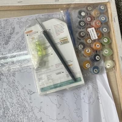 Paint by numbers kit, one canvas, and four painted canvases