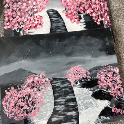 Paint by numbers kit, one canvas, and four painted canvases