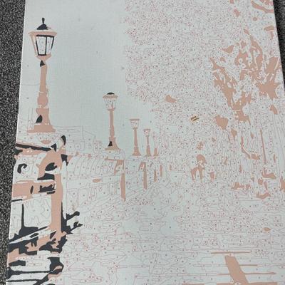 Paint by numbers kit, one canvas, and four painted canvases