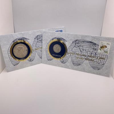 1934 Chinese Silver “Junk Dollar” and 1945 NZ Shilling with Stamps (ST-SS)