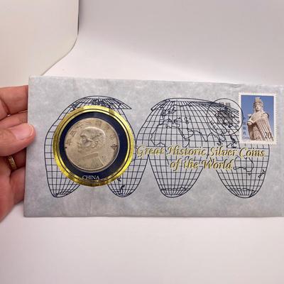 1934 Chinese Silver “Junk Dollar” and 1945 NZ Shilling with Stamps (ST-SS)