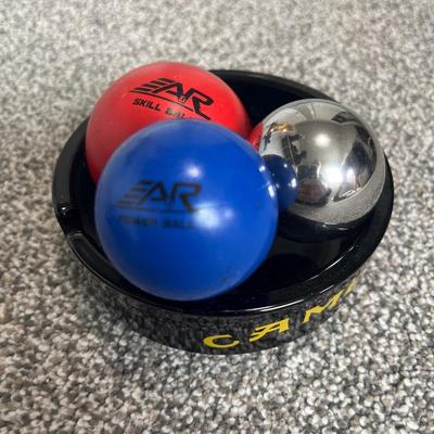 3 pk hockey stick, practice balls, and ashtray