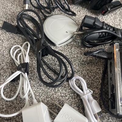 Hard drive enclosure, power cords, and miscellaneous computer