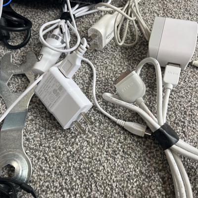 Hard drive enclosure, power cords, and miscellaneous computer