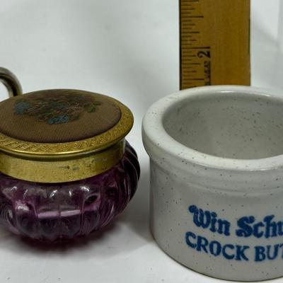 Small Lot Container Lot- @ Avon Jars, Baby Cup, and Schuber’s Crock Butter container