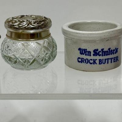 Small Lot Container Lot- @ Avon Jars, Baby Cup, and Schuber’s Crock Butter container