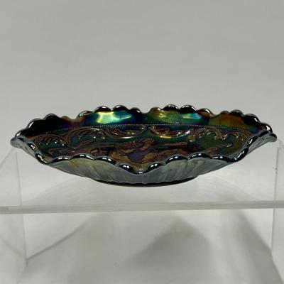 Fenton Opalescent Oval Dish with Scalloped Rim Amethyst Carnival Glass Poppy Flower Design Greens Purples, Blues