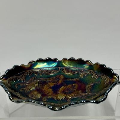 Fenton Opalescent Oval Dish with Scalloped Rim Amethyst Carnival Glass Poppy Flower Design Greens Purples, Blues