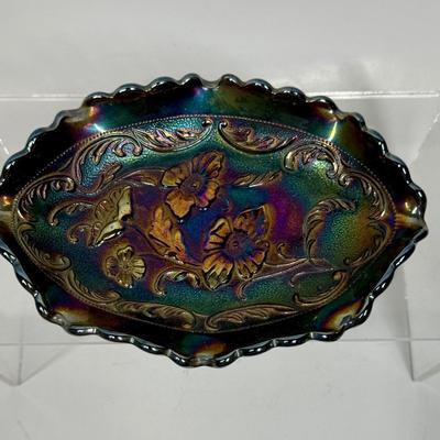 Fenton Opalescent Oval Dish with Scalloped Rim Amethyst Carnival Glass Poppy Flower Design Greens Purples, Blues