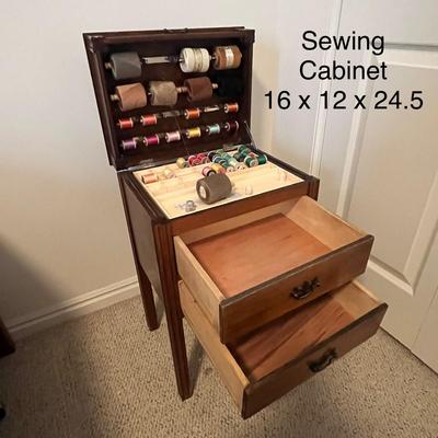 Vintage Wooden Sewing Cabinet With Thread Organizer And Storage Drawers