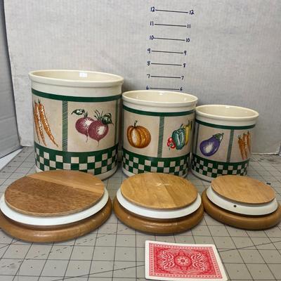 Vintage Himark Ceramic Canister Set With Wooden Lids