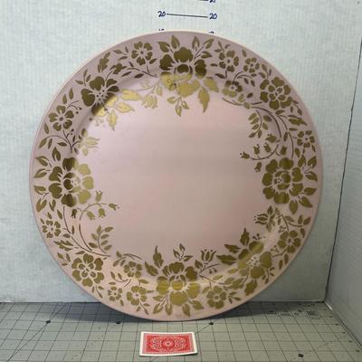 Vintage Pink Metal Charger Plate With Gold Floral Design