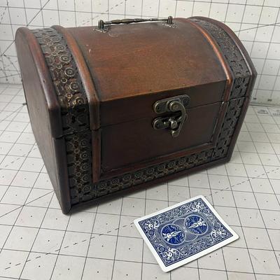 Vtg 7” X 5” Wooden Treasure Chest Jewelry Trinket Box W/ Metal Trim