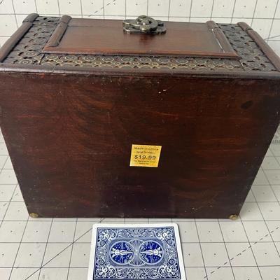 Vtg 7” X 5” Wooden Treasure Chest Jewelry Trinket Box W/ Metal Trim