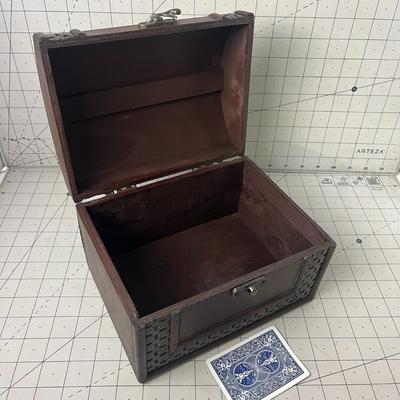 Vtg 7” X 5” Wooden Treasure Chest Jewelry Trinket Box W/ Metal Trim