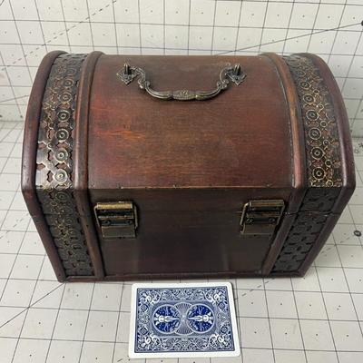 Vtg 7” X 5” Wooden Treasure Chest Jewelry Trinket Box W/ Metal Trim