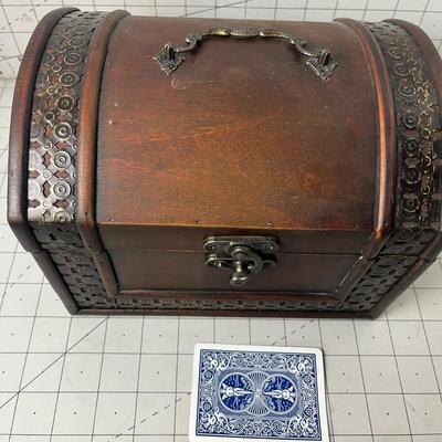 Vtg 7” X 5” Wooden Treasure Chest Jewelry Trinket Box W/ Metal Trim
