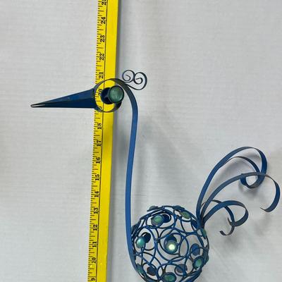 21 Inch Tall Metal Bird With Blue Beads Garden Statue