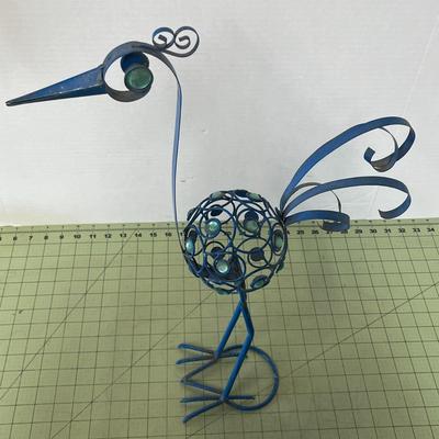 21 Inch Tall Metal Bird With Blue Beads Garden Statue
