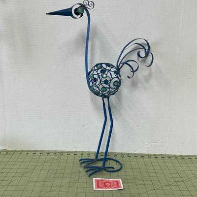 21 Inch Tall Metal Bird With Blue Beads Garden Statue