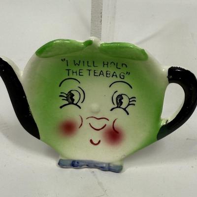 Vintage Napco Teabag Holder Teapot Spoon Rest Green Apple color anthropomorphic
