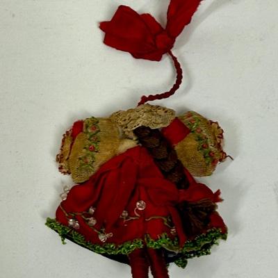 Vintage Handmade Christmas Ornament Girl Doll Folk Costume small red white green