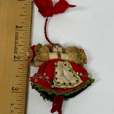 Vintage Handmade Christmas Ornament Girl Doll Folk Costume small red white green