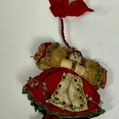 Vintage Handmade Christmas Ornament Girl Doll Folk Costume small red white green