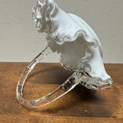 Vintage Fenton Silver Crest Ruffle Rim Bowl Basket Handle 8" White Milk Glass