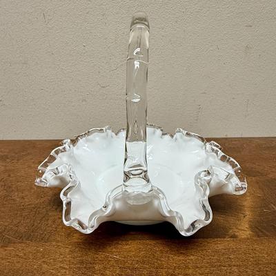 Vintage Fenton Silver Crest Ruffle Rim Bowl Basket Handle 8" White Milk Glass