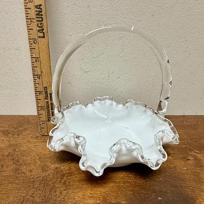 Vintage Fenton Silver Crest Ruffle Rim Bowl Basket Handle 8" White Milk Glass