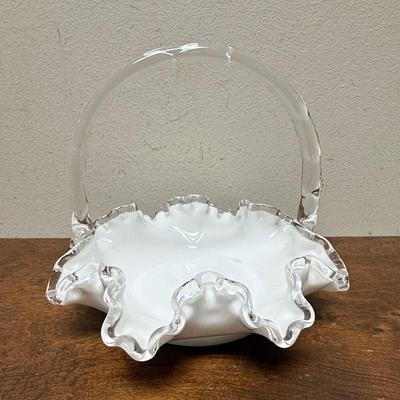 Vintage Fenton Silver Crest Ruffle Rim Bowl Basket Handle 8" White Milk Glass