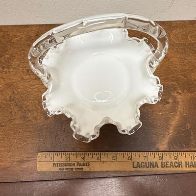 Vintage Fenton Silver Crest Ruffle Rim Bowl Basket Handle 8" White Milk Glass