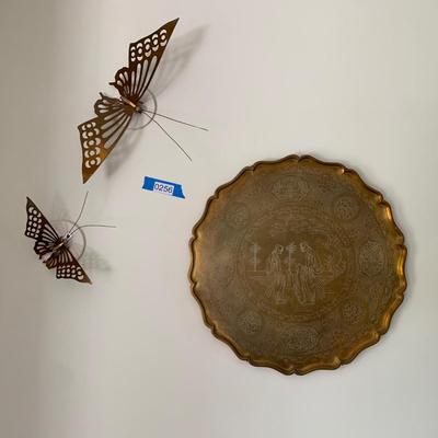Brass Wall Decor Lot Inscribed Tray & Butterflies