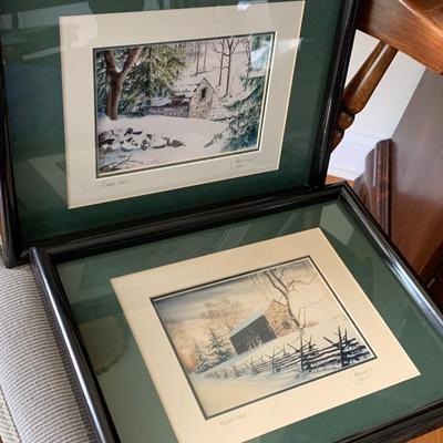 TWO Signed Winter Scene Framed / Matted Prints