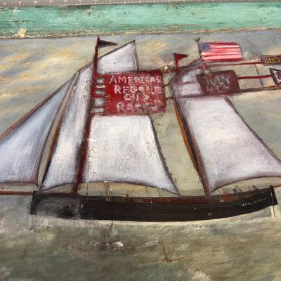 Antique Primitive Painting Folk Art Providence R.I. Regatta