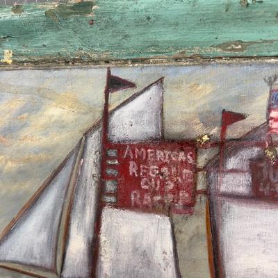 Antique Primitive Painting Folk Art Providence R.I. Regatta
