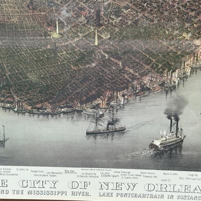 Framed Vintage Birds Eye View Map of New Orleans Wall Art
