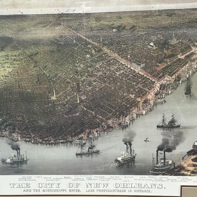 Framed Vintage Birds Eye View Map of New Orleans Wall Art