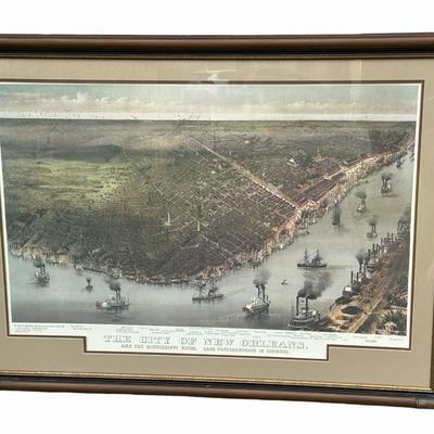 Framed Vintage Birds Eye View Map of New Orleans Wall Art