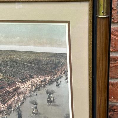 Framed Vintage Birds Eye View Map of New Orleans Wall Art