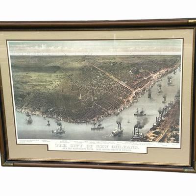 Framed Vintage Birds Eye View Map of New Orleans Wall Art