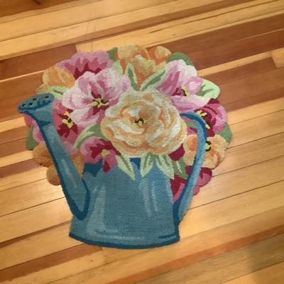 K716 Flowers in Watering Can Hooked Wool Rug