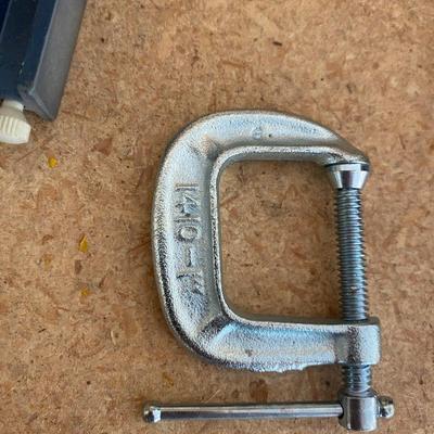 STANLEY MITER BOX/W SAW, PLANER, SANDING BLOCK, C-CLAMP, AND A COMBINATION SQUARE