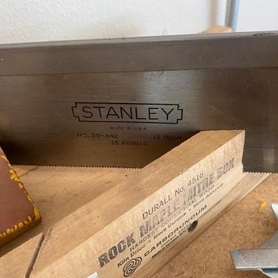 STANLEY MITER BOX/W SAW, PLANER, SANDING BLOCK, C-CLAMP, AND A COMBINATION SQUARE