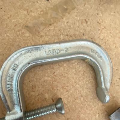 STANLEY MITER BOX/W SAW, PLANER, SANDING BLOCK, C-CLAMP, AND A COMBINATION SQUARE